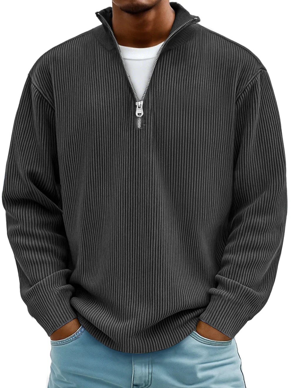 Men's ribbed quarter-zip sweater with stand collar