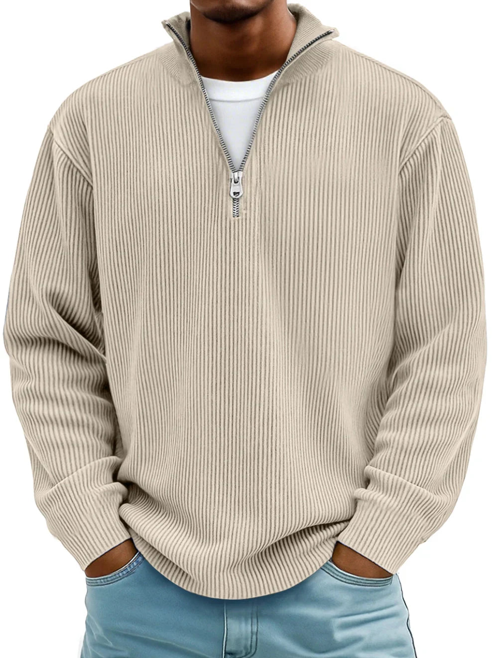 Men's ribbed quarter-zip sweater with stand collar