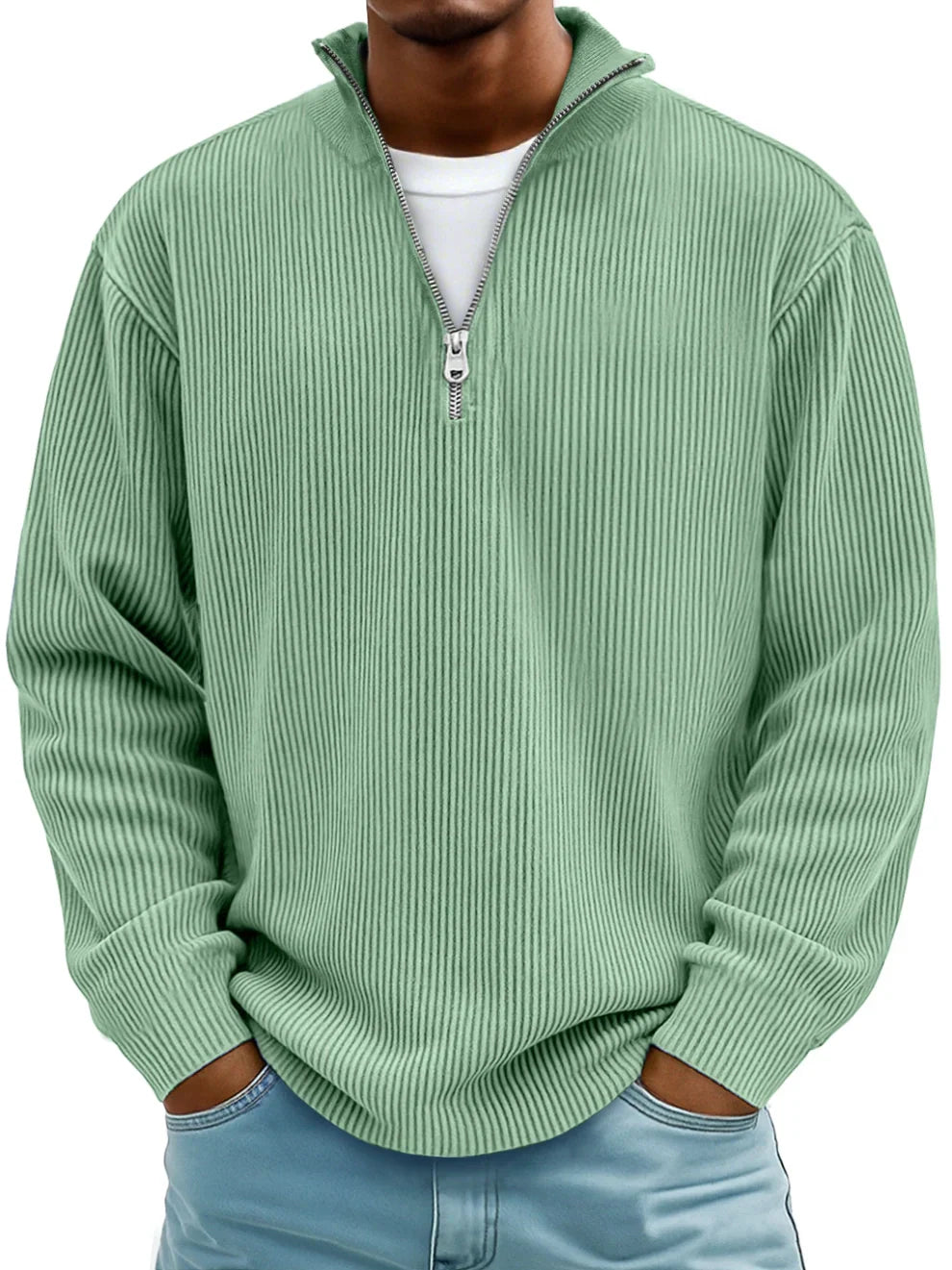 Men's ribbed quarter-zip sweater with stand collar