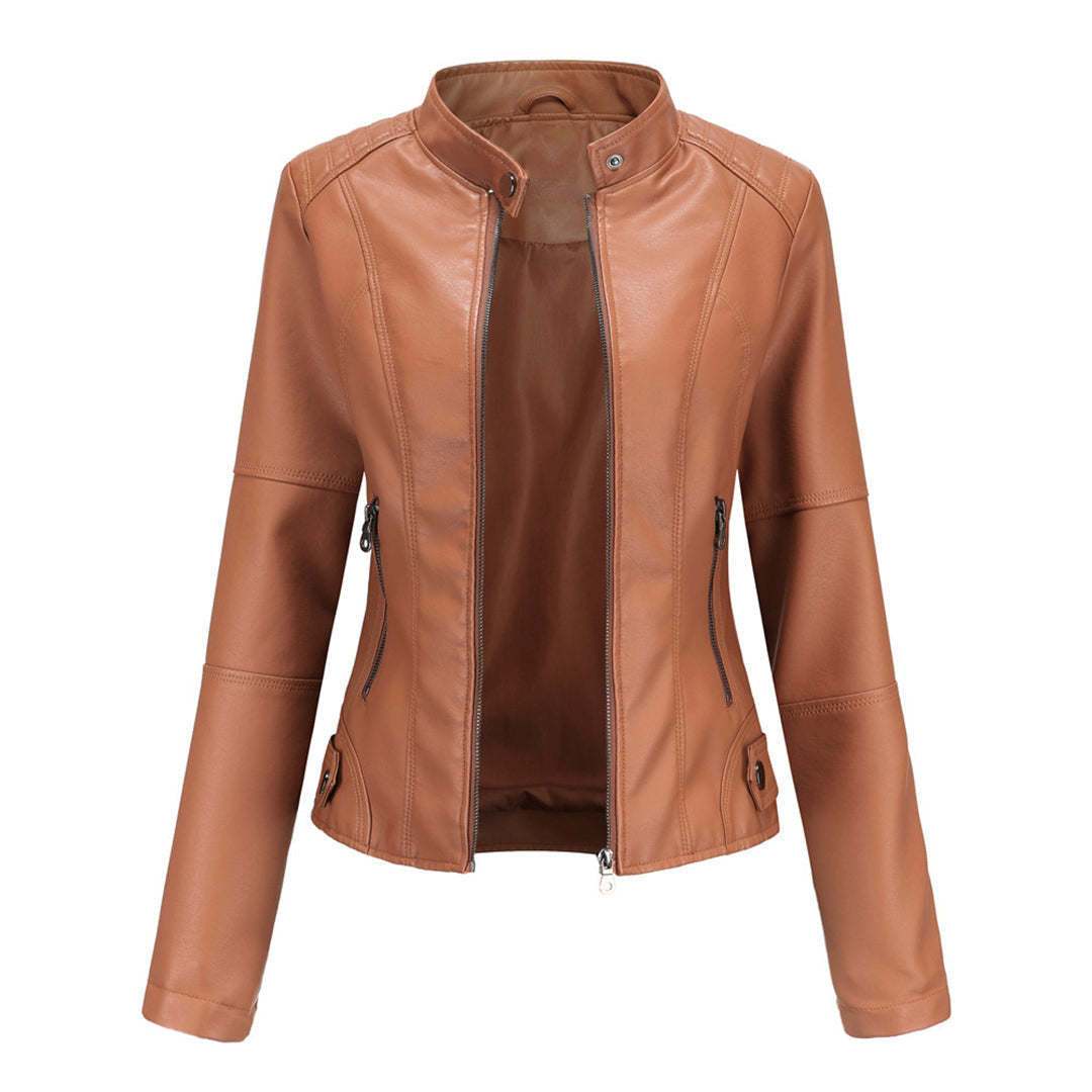 Women's tailored fitted leather jacket with zip front and stand collar