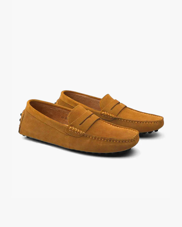 Men's suede driver loafers with moc toe and vamp strap