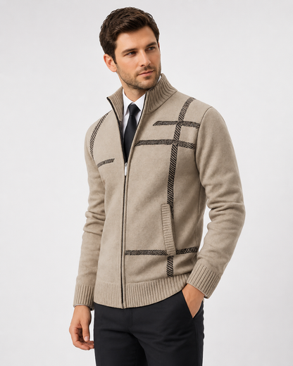 Men's geometric knitted zip cardigan with high collar and ribbed trims