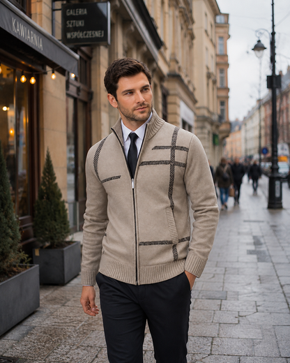 Men's geometric knitted zip cardigan with high collar and ribbed trims