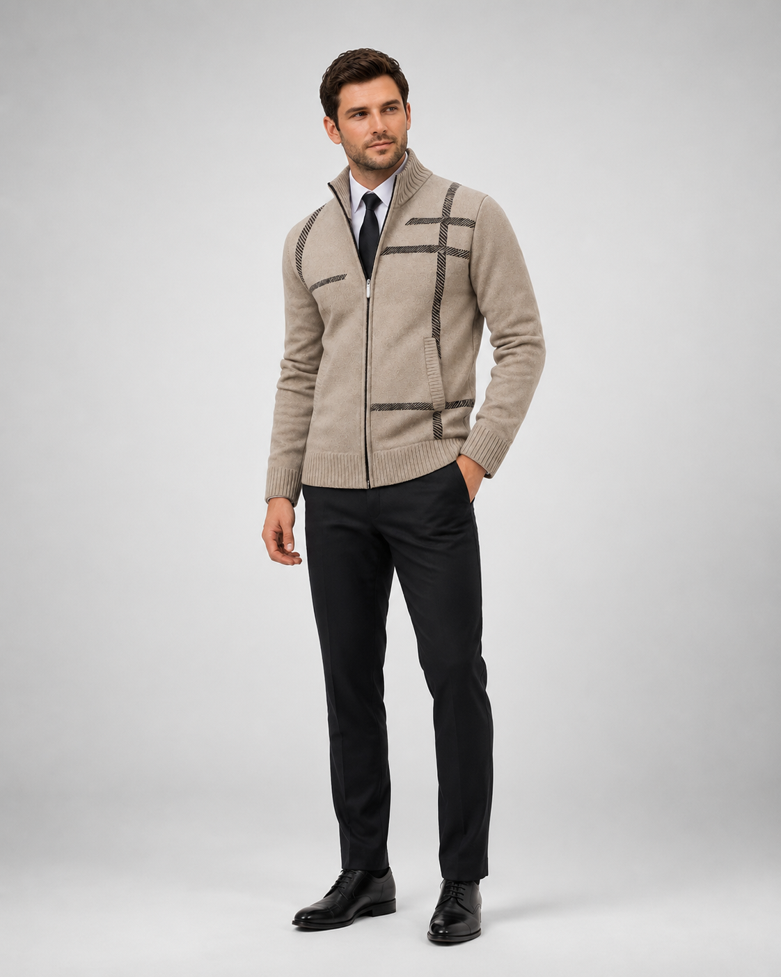 Men's geometric knitted zip cardigan with high collar and ribbed trims