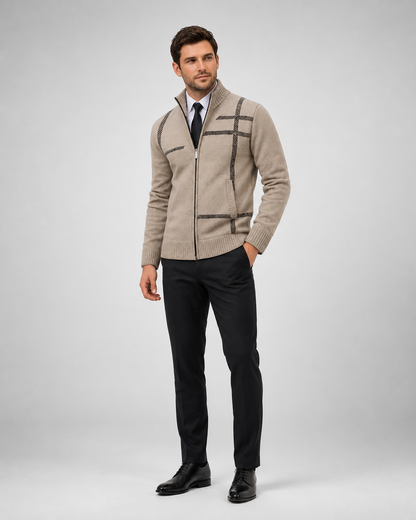 Men's geometric knitted zip cardigan with high collar and ribbed trims