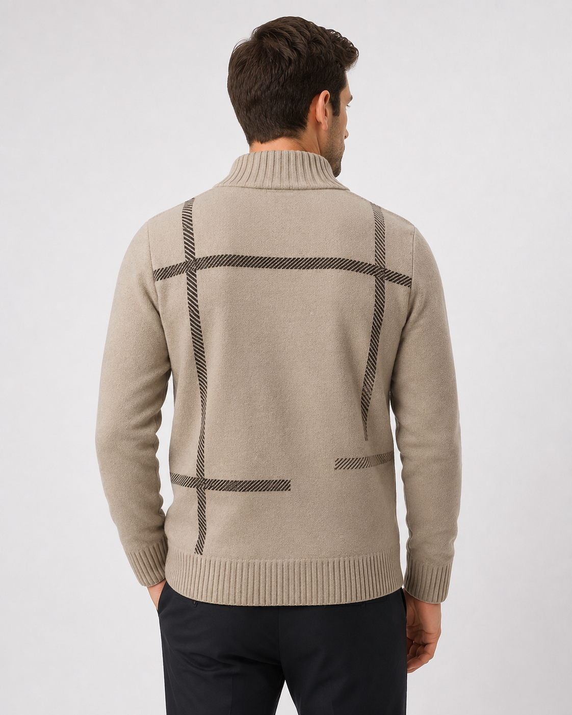 Men's geometric knitted zip cardigan with high collar and ribbed trims