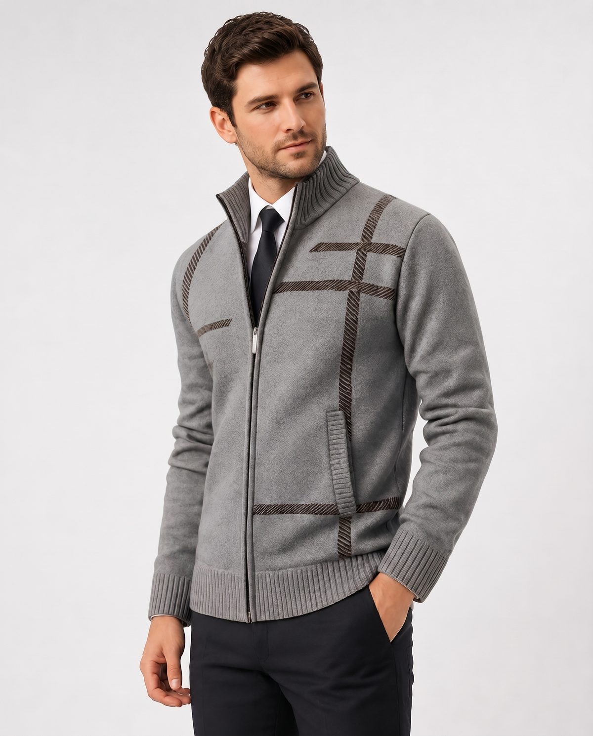 Men's geometric knitted zip cardigan with high collar and ribbed trims