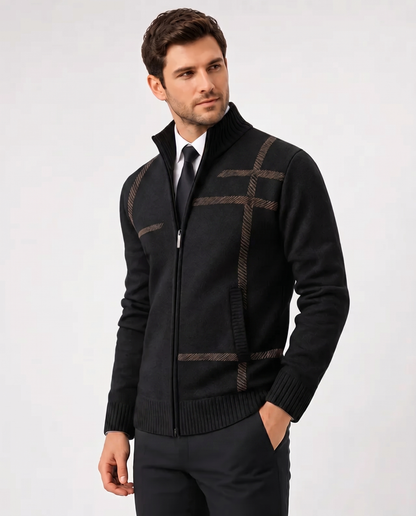 Men's geometric knitted zip cardigan with high collar and ribbed trims