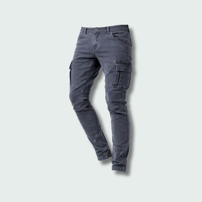 Men's grey slim fit cargo jeans with tapered legs and side pockets