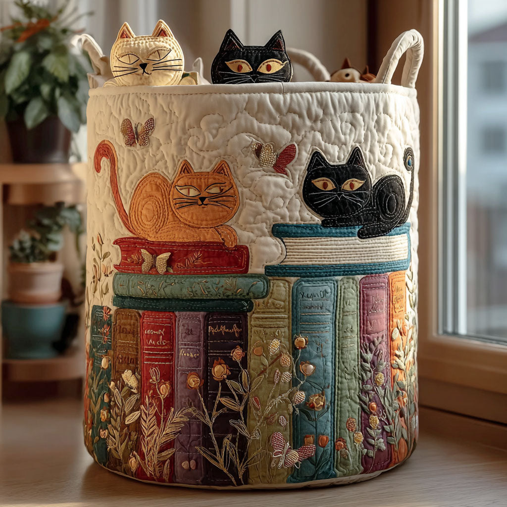 Quilted multicoloured cat parade laundry basket with two handles