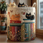 Quilted multicoloured cat parade laundry basket with two handles