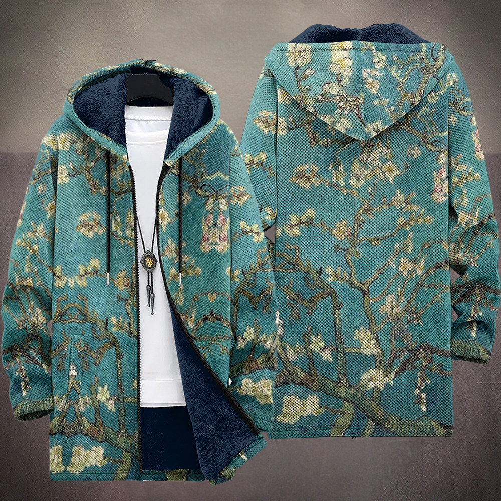 Unisex multicoloured floral hooded cardigan with long sleeves and zip front