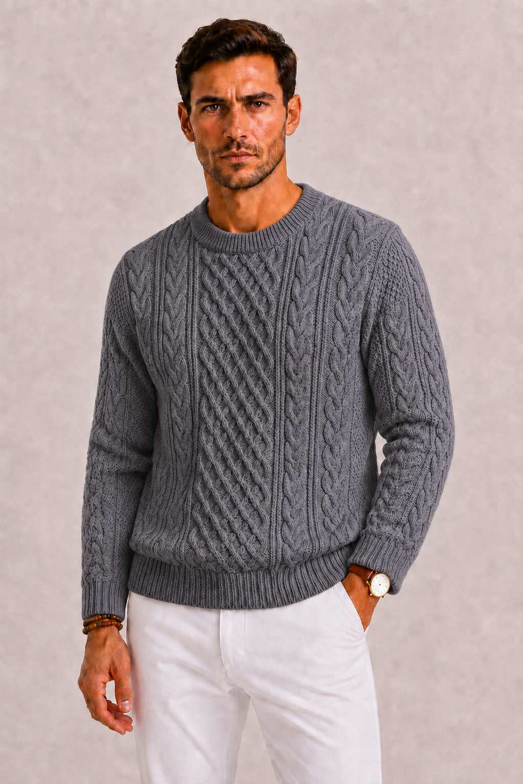 Men's cable knit crew neck sweater with long sleeves