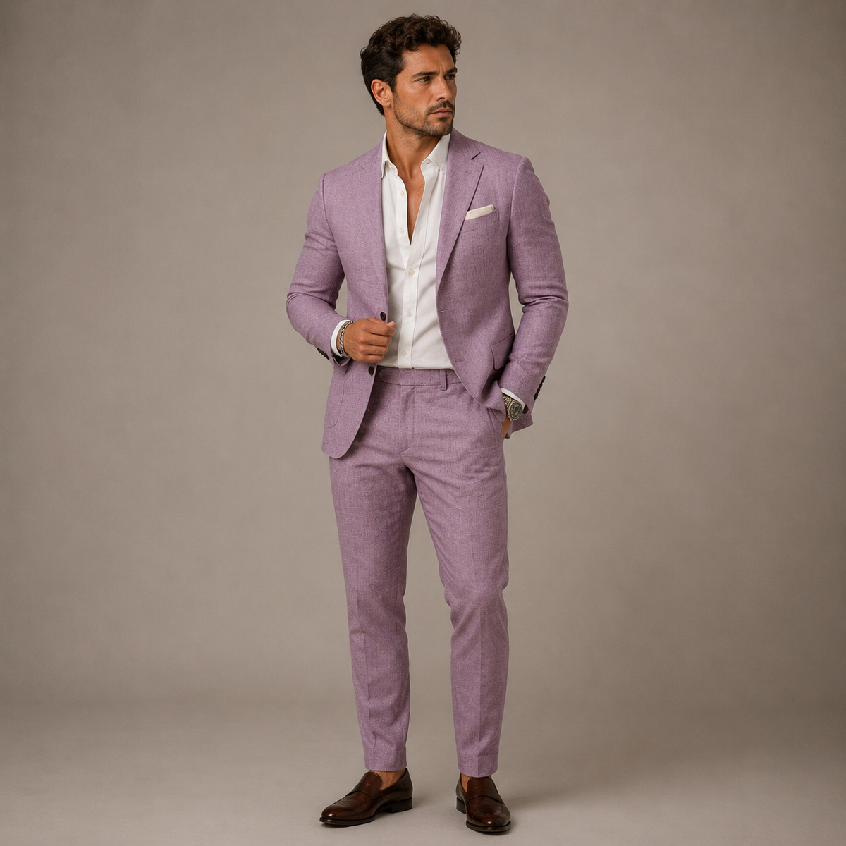 Men's slim fit two piece suit with textured finish and notched lapels