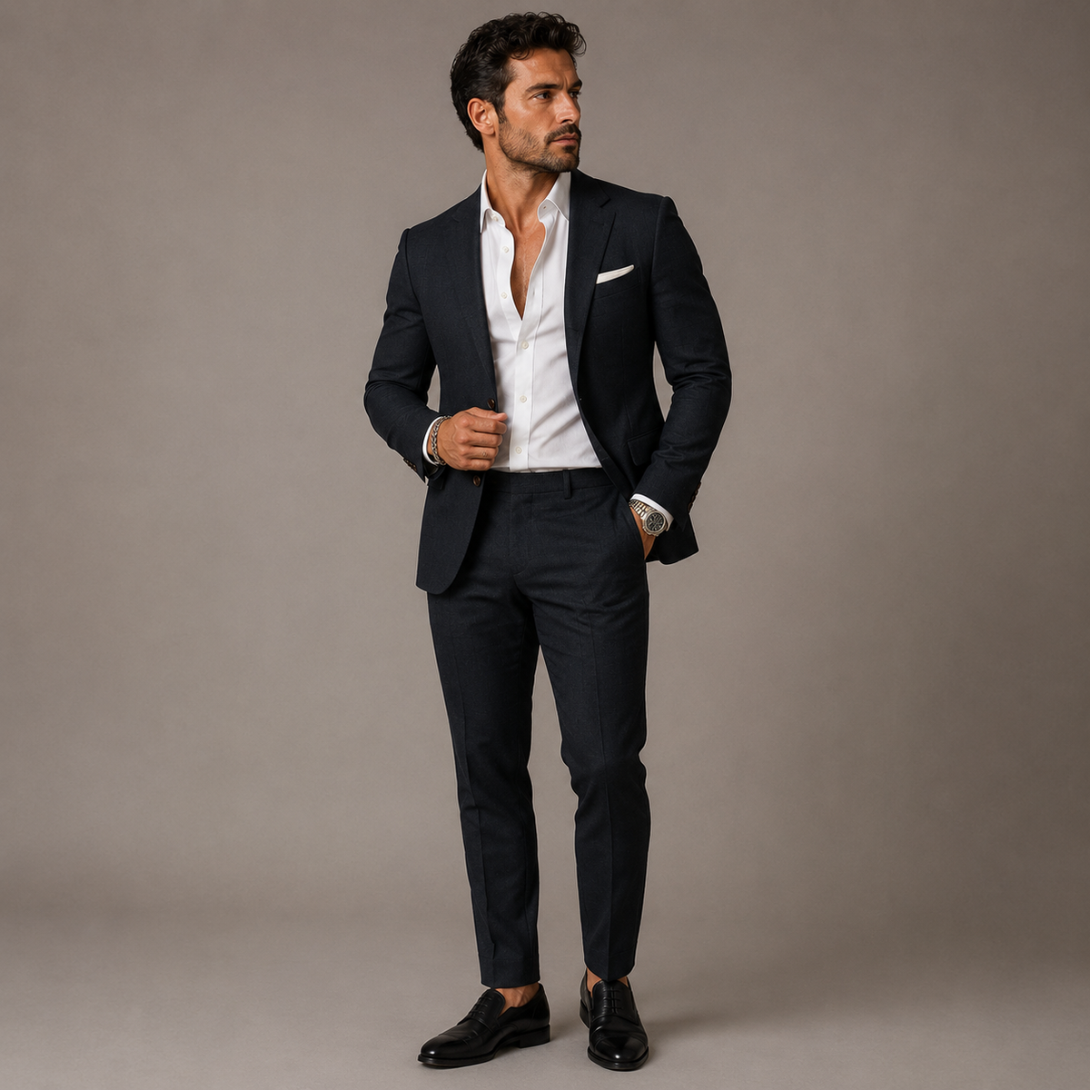 Men's slim fit two piece suit with textured finish and notched lapels