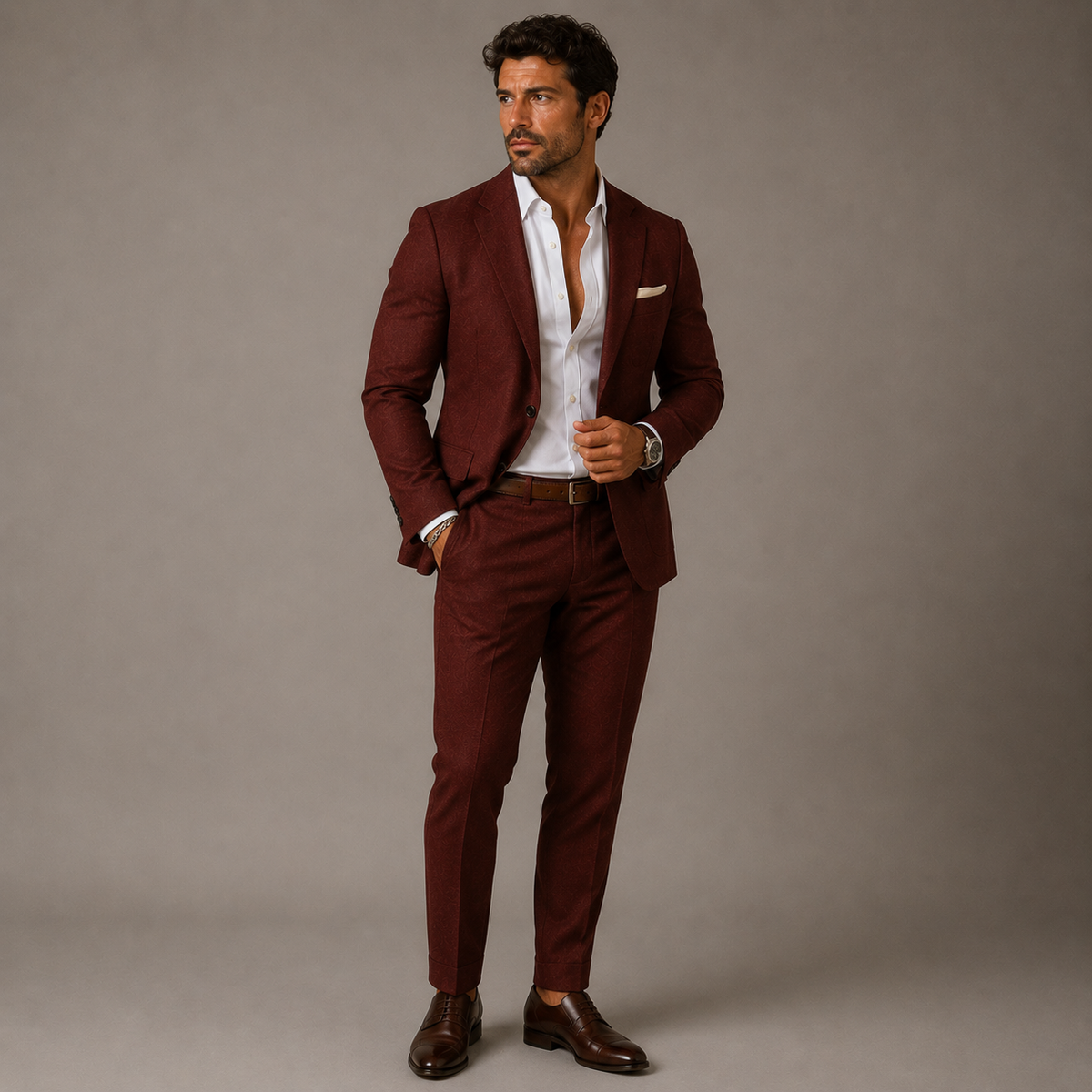 Men's slim fit two piece suit with textured finish and notched lapels