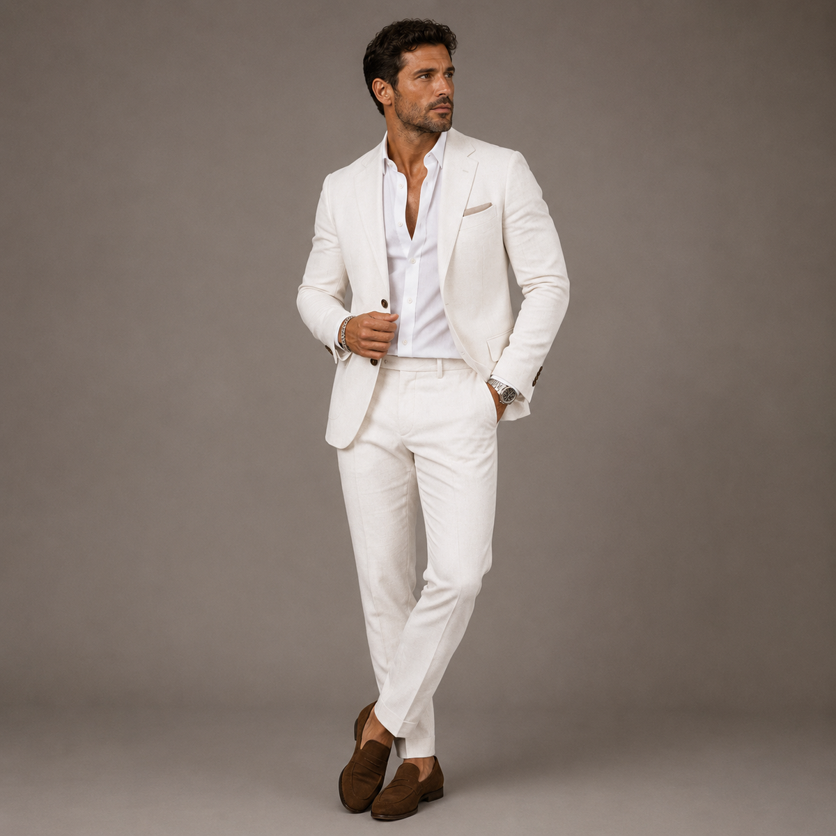 Men's slim fit two piece suit with textured finish and notched lapels