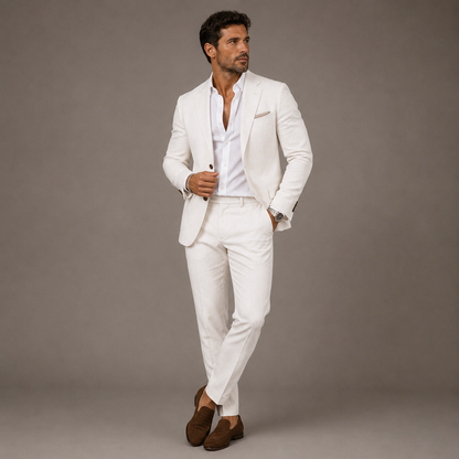 Men's slim fit two piece suit with textured finish and notched lapels