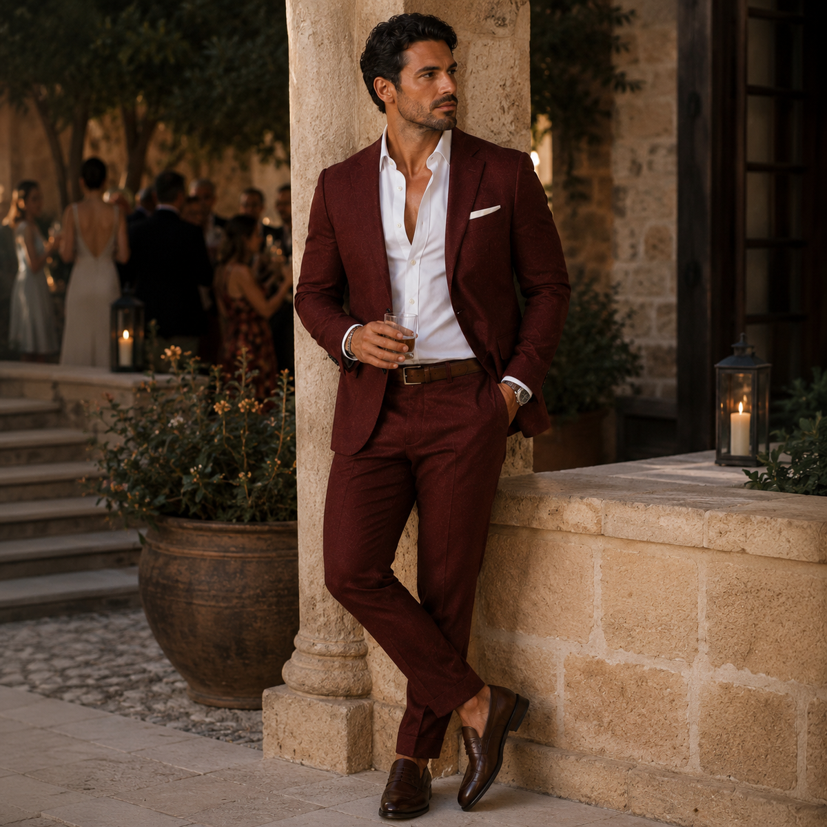 Men's slim fit two piece suit with textured finish and notched lapels