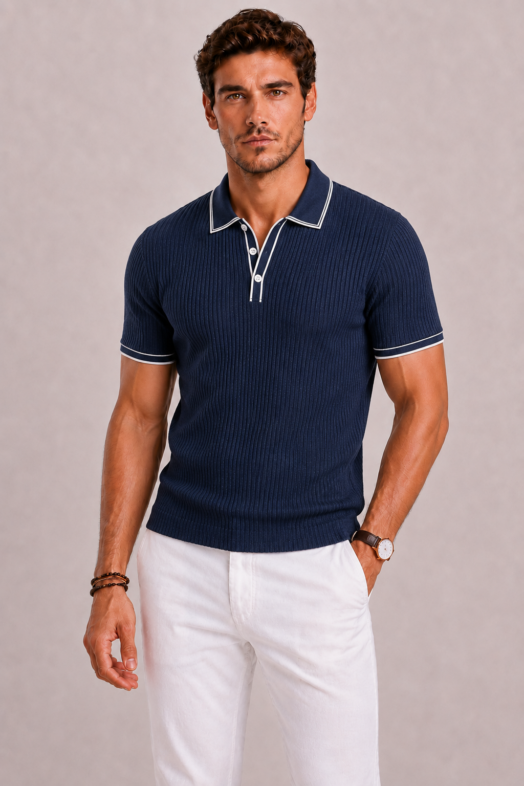 Men's Ribbed Polo with Contrast Trim