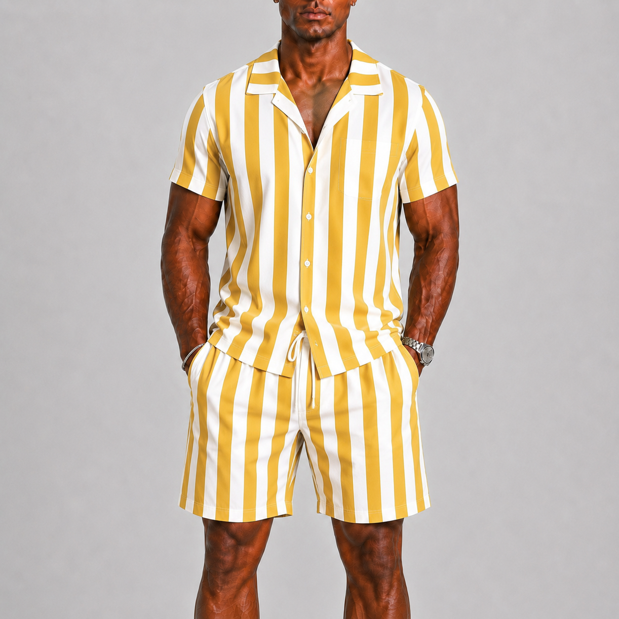 Men's Striped Summer Set with Short-Sleeve Shirt and Shorts