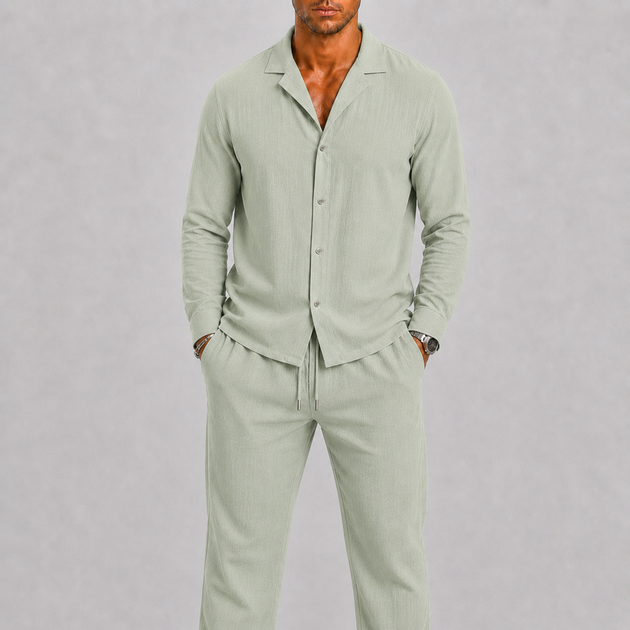 Men's Linen Set with Cuban Collar Shirt and Trousers