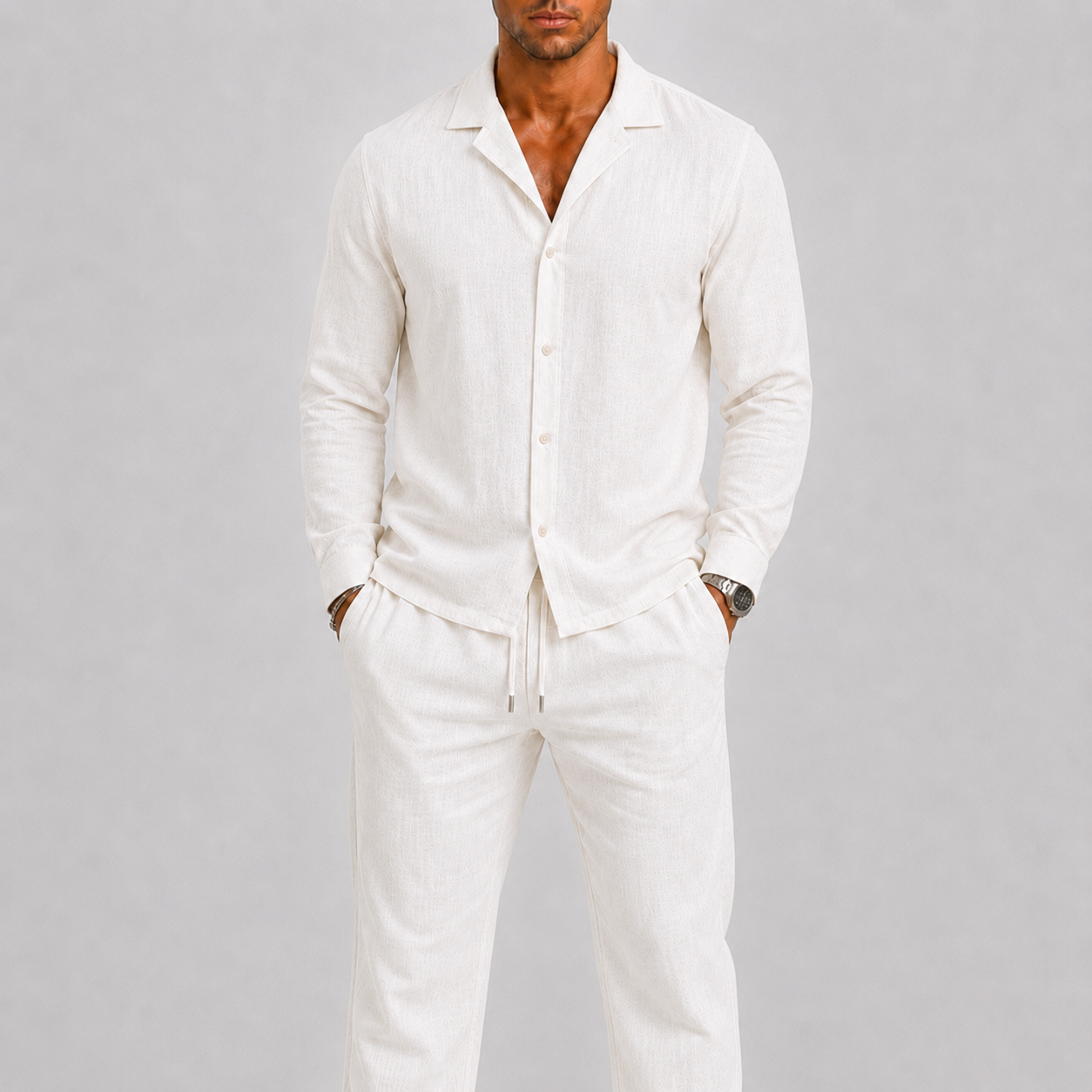 Men's Linen Set with Cuban Collar Shirt and Trousers