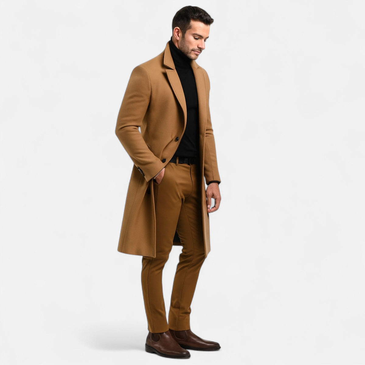 Men's long coat with notched lapels, button front and side pockets