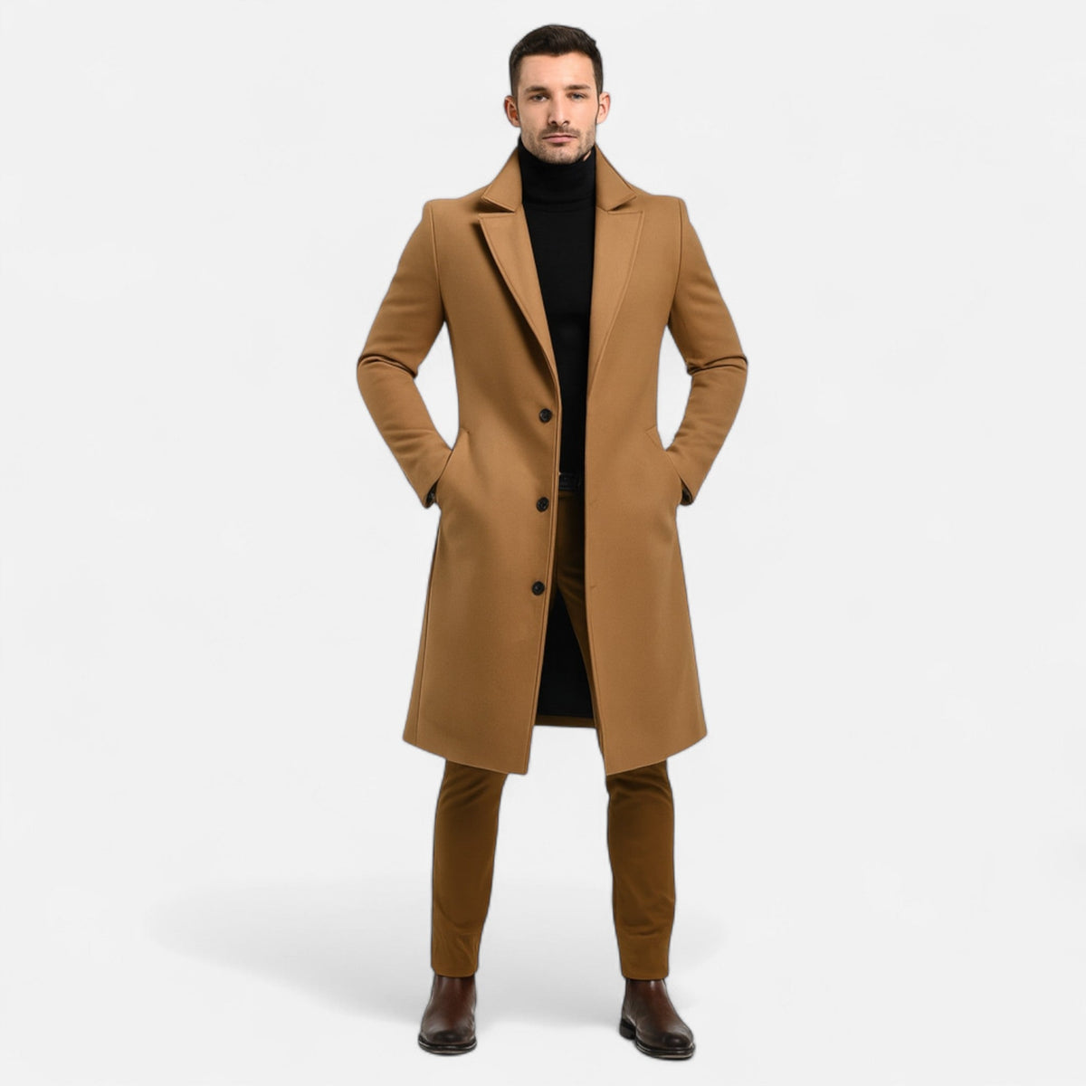 Men's long coat with notched lapels, button front and side pockets