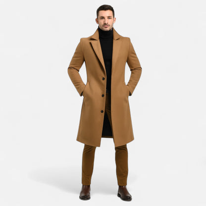 Men's long coat with notched lapels, button front and side pockets