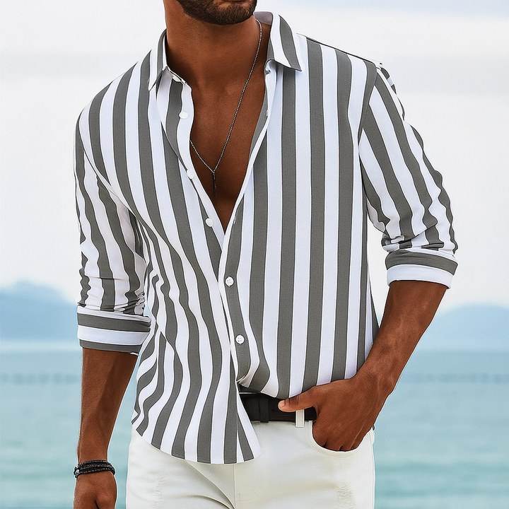 Men's Vertical Stripe Shirt, Short Sleeve Lightweight Button-Down Summer Shirt Regular Fit