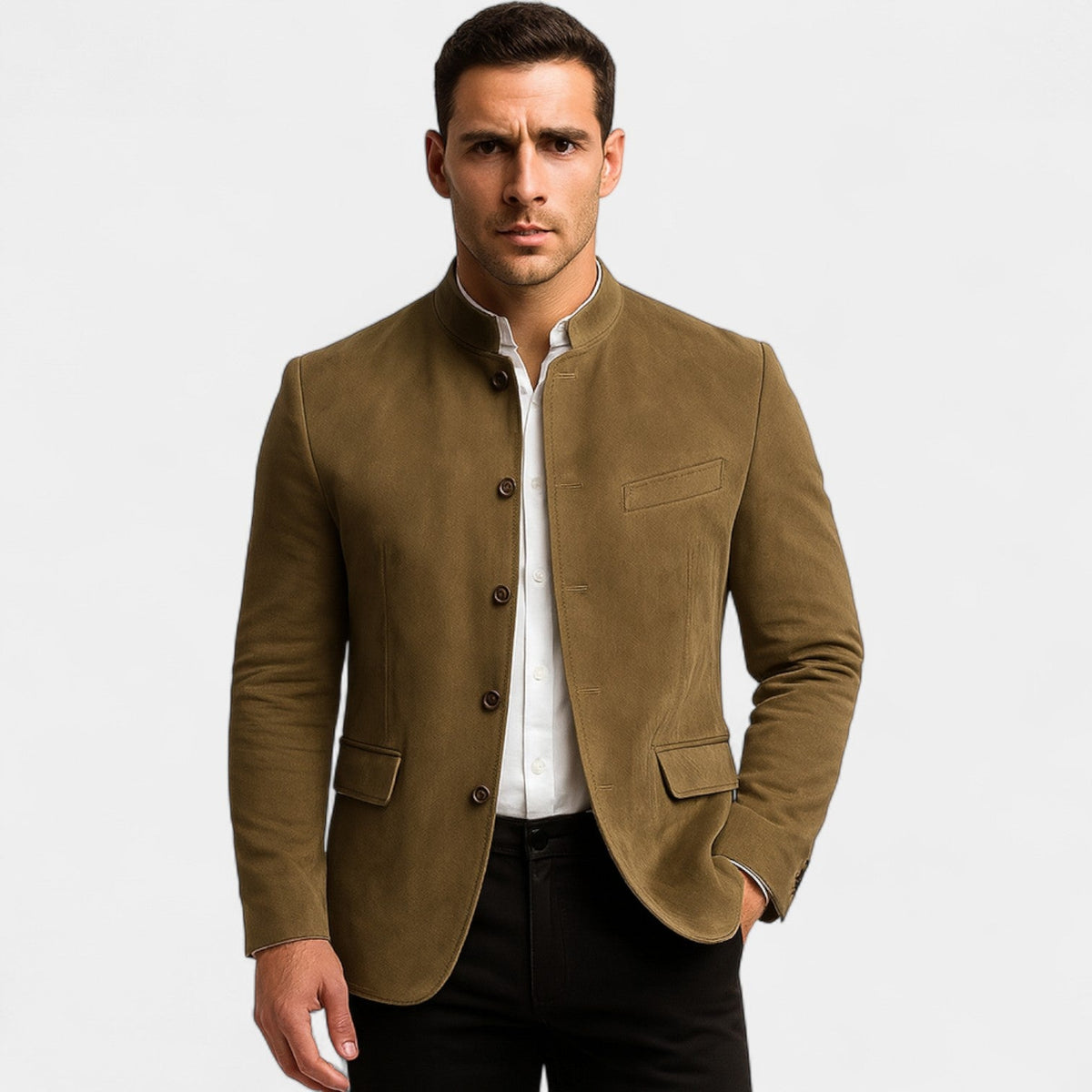 Men's corduroy blazer with mandarin collar, button front and flap pockets