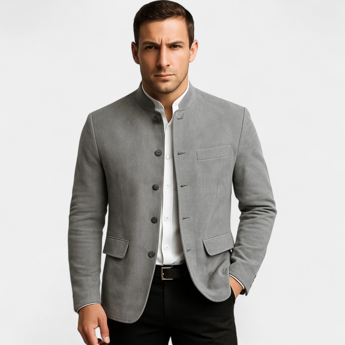 Men's corduroy blazer with mandarin collar, button front and flap pockets