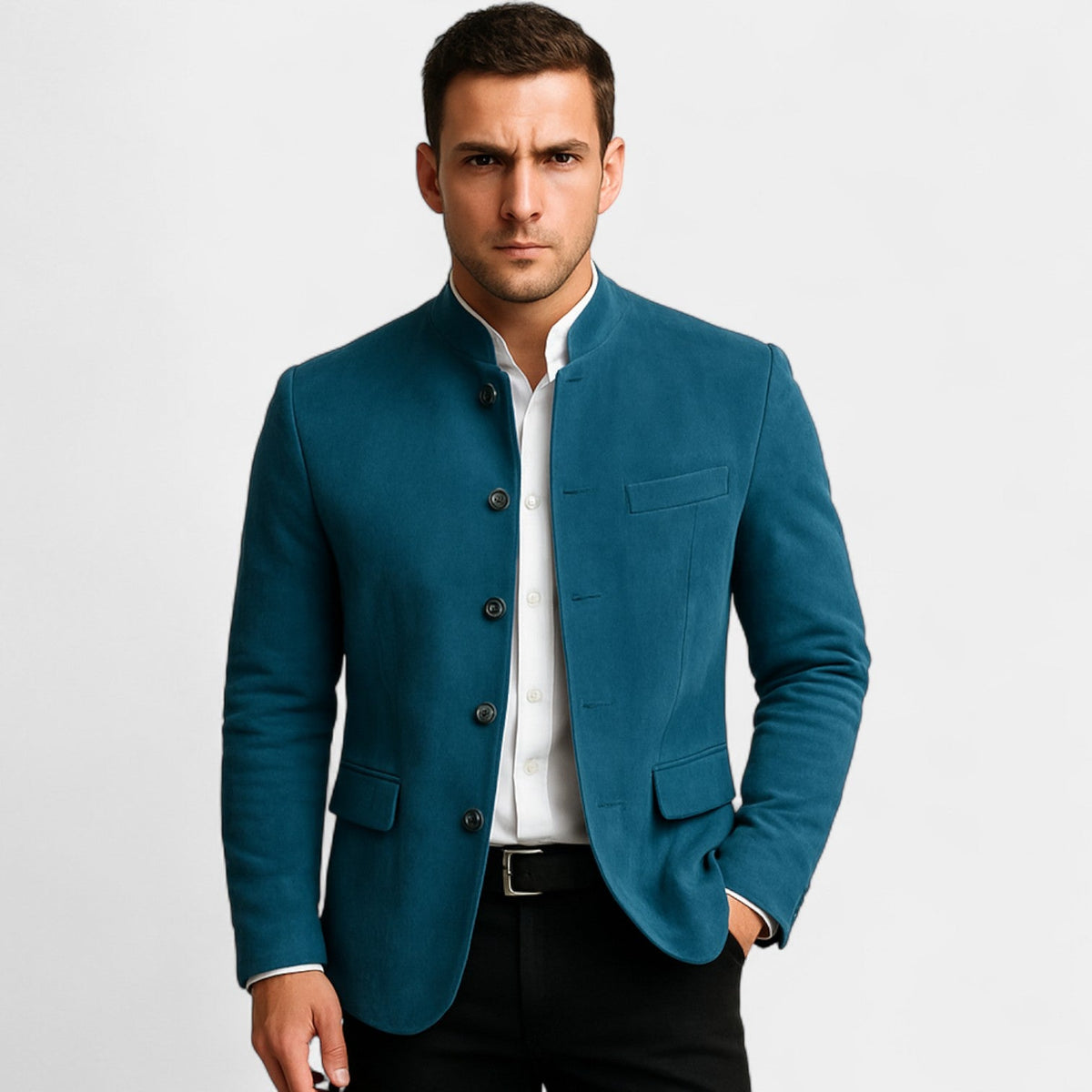Men's corduroy blazer with mandarin collar, button front and flap pockets