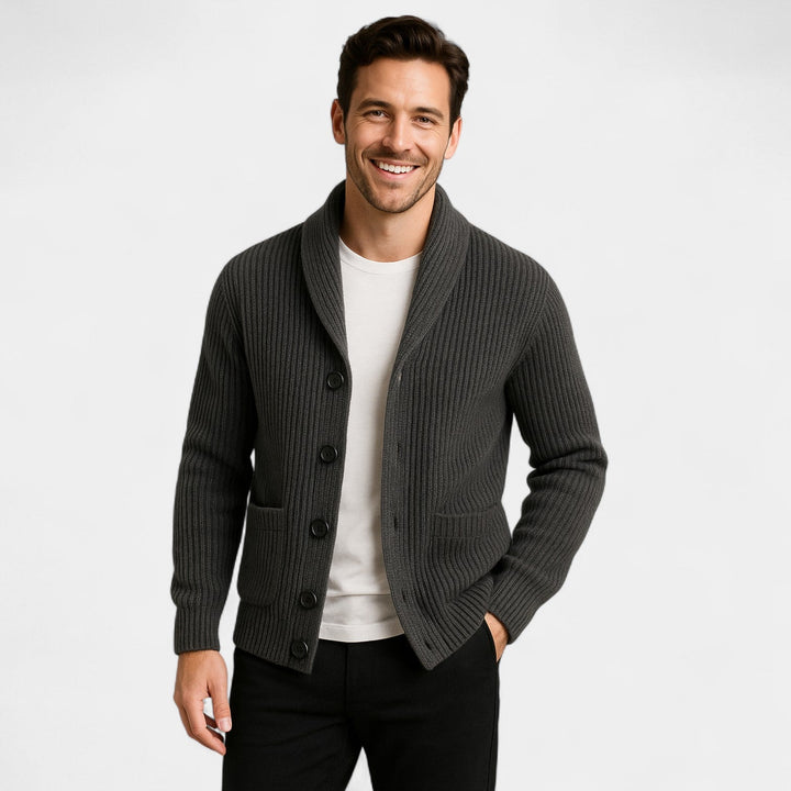 Men's ribbed button cardigan with shawl collar and front patch pockets