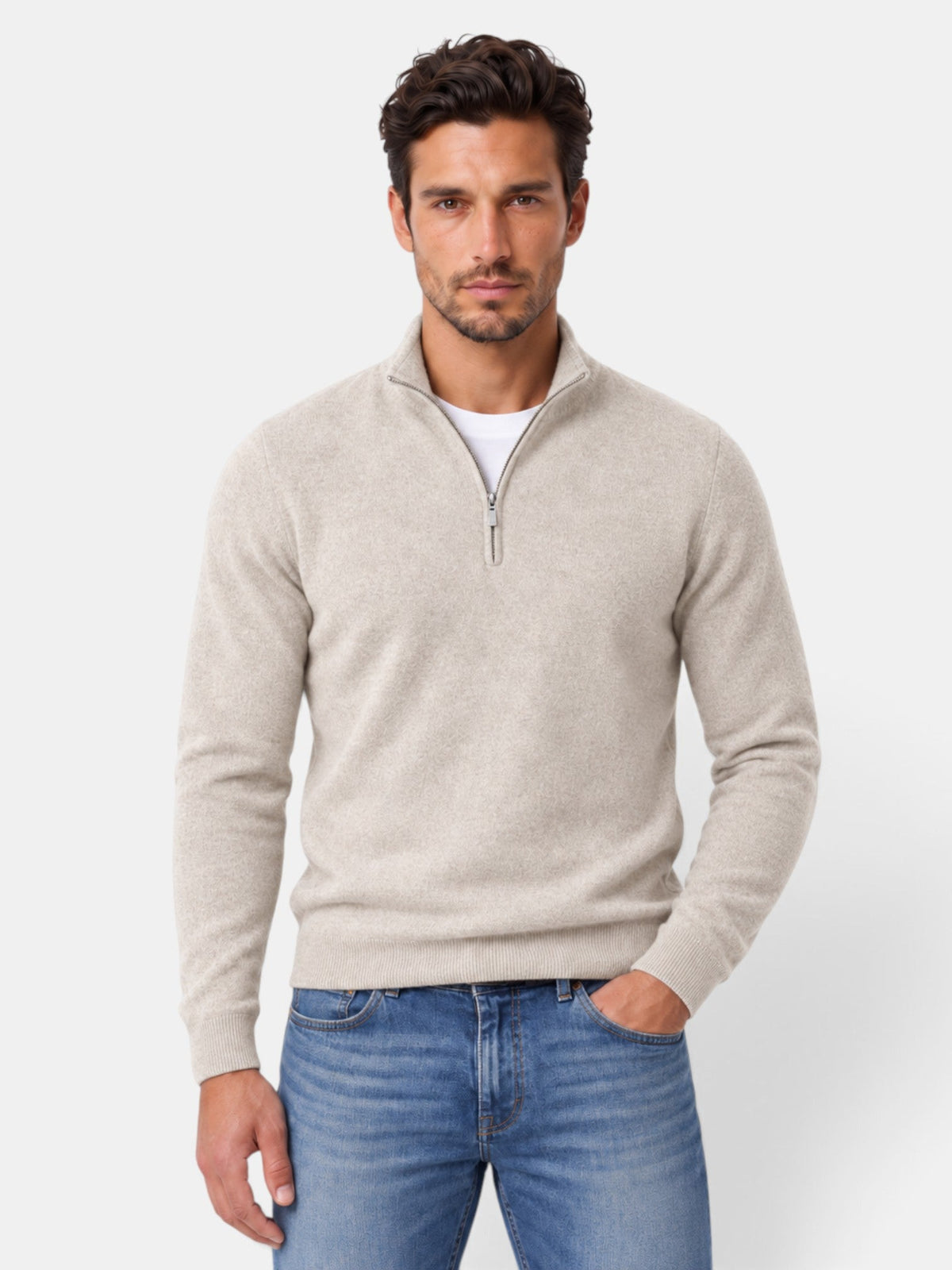 Men's quarter-zip mock neck jumper with long sleeves and ribbed trims