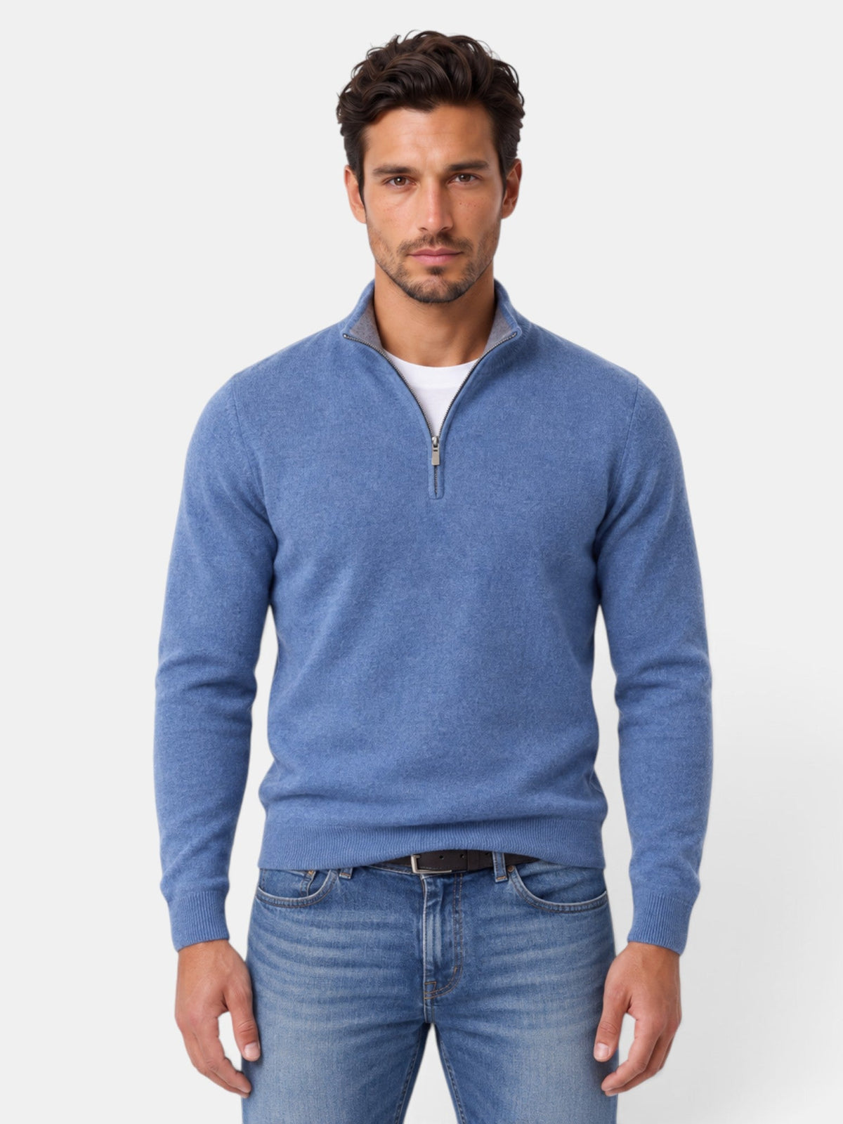Men's quarter-zip mock neck jumper with long sleeves and ribbed trims