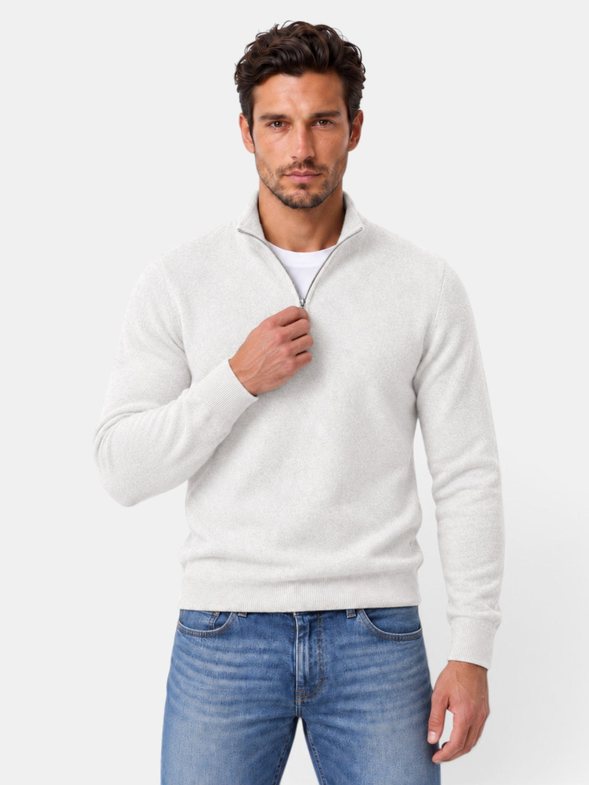 Men's quarter-zip mock neck jumper with long sleeves and ribbed trims
