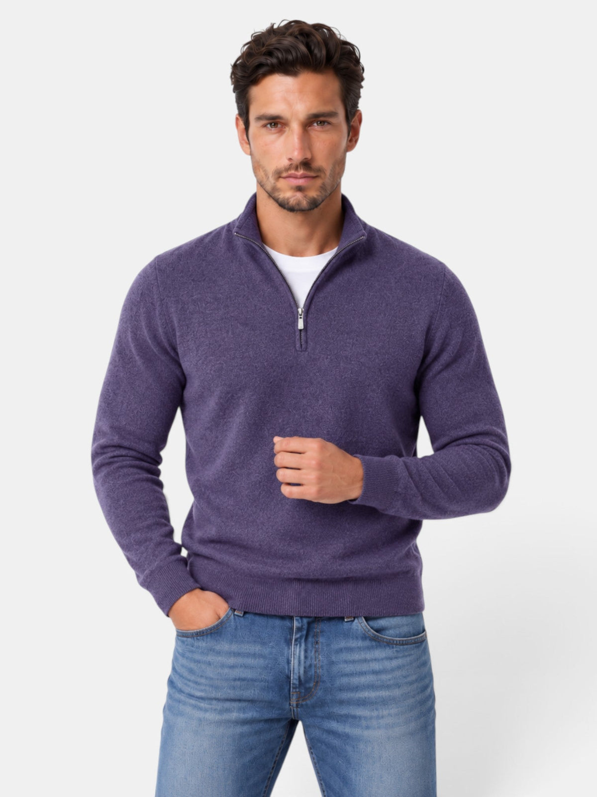 Men's quarter-zip mock neck jumper with long sleeves and ribbed trims