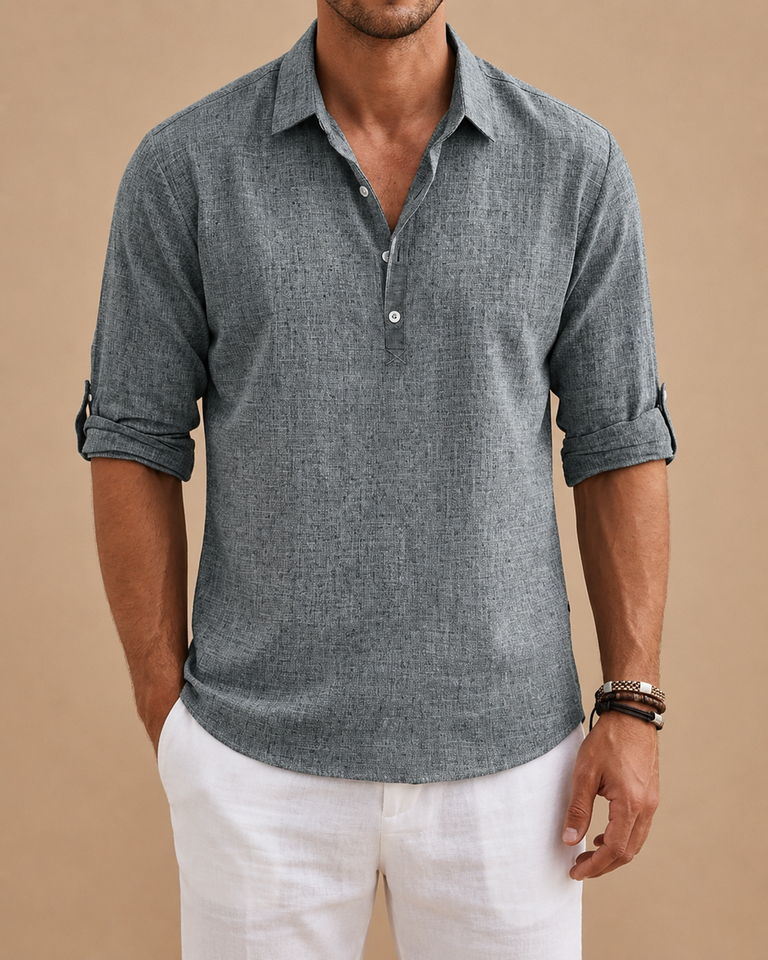 Men's Half Placket Shirt, Chambray Weave, Roll Tab Sleeves