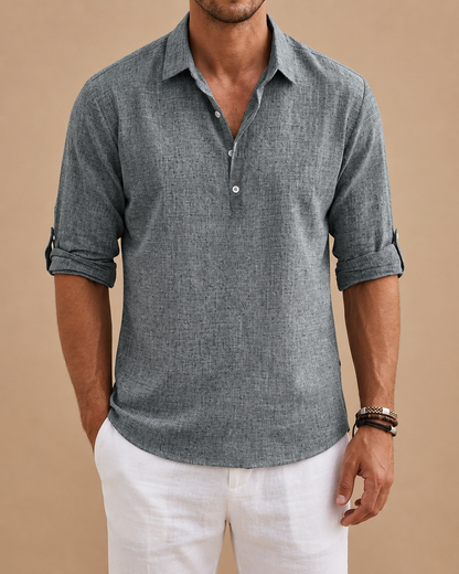 Men's Half Placket Shirt, Chambray Weave, Roll Tab Sleeves