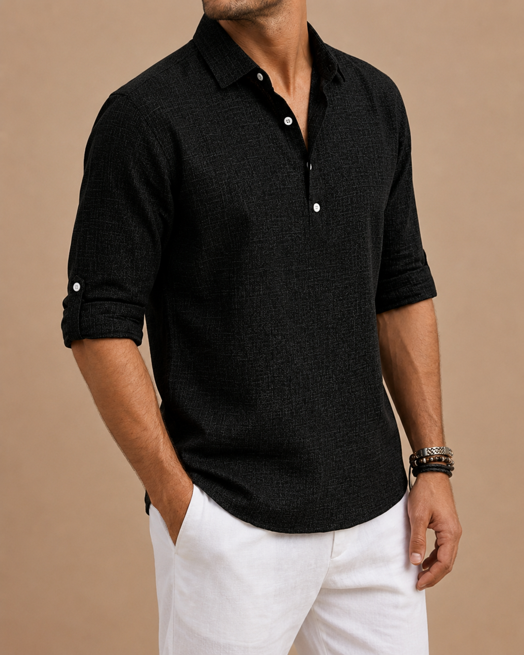 Men's Half Placket Shirt, Chambray Weave, Roll Tab Sleeves
