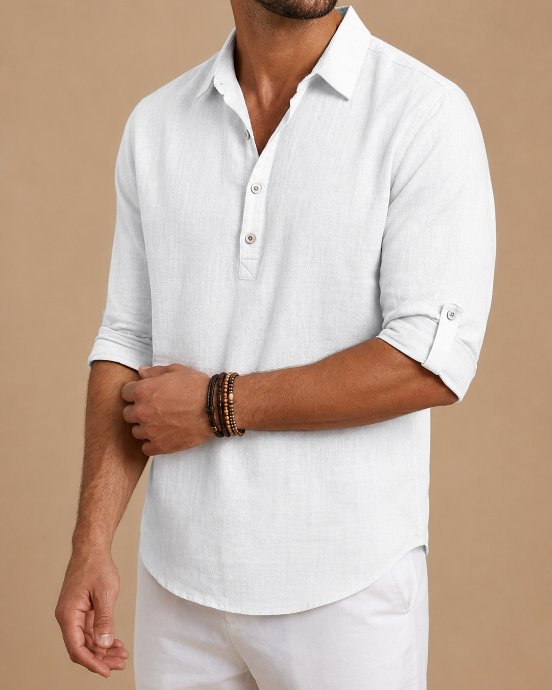 Men's Half Placket Shirt, Chambray Weave, Roll Tab Sleeves