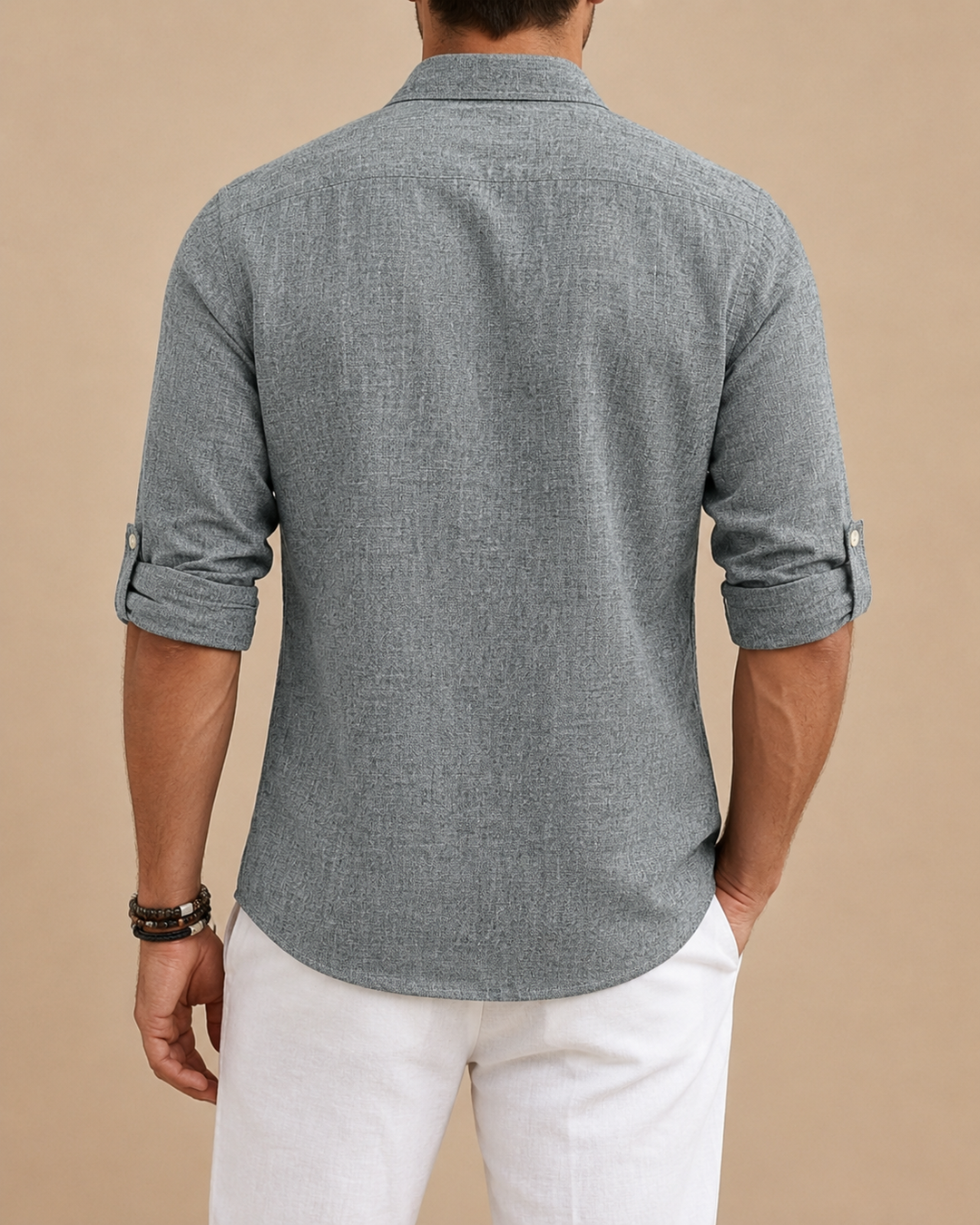 Men's Half Placket Shirt, Chambray Weave, Roll Tab Sleeves