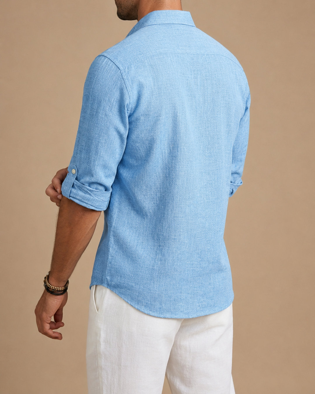 Men's Half Placket Shirt, Chambray Weave, Roll Tab Sleeves