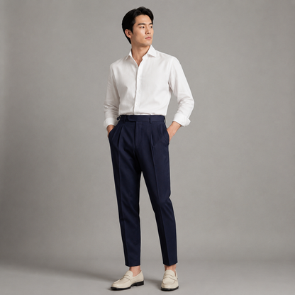 Men's tailored trousers with pleated front, buckle waist and straight full-length legs