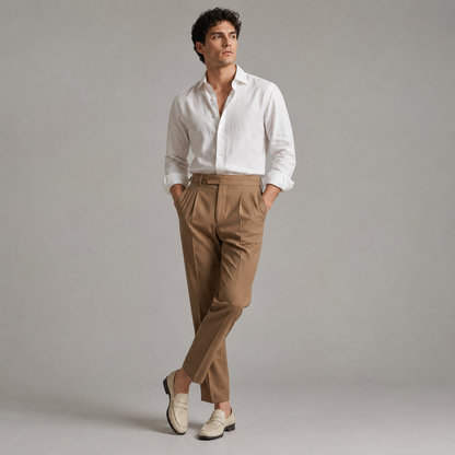Men's tailored trousers with pleated front, buckle waist and straight full-length legs
