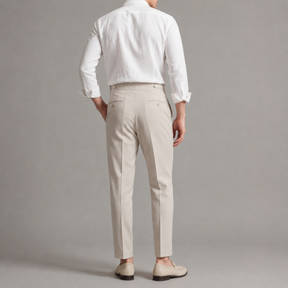Men's tailored trousers with pleated front, buckle waist and straight full-length legs