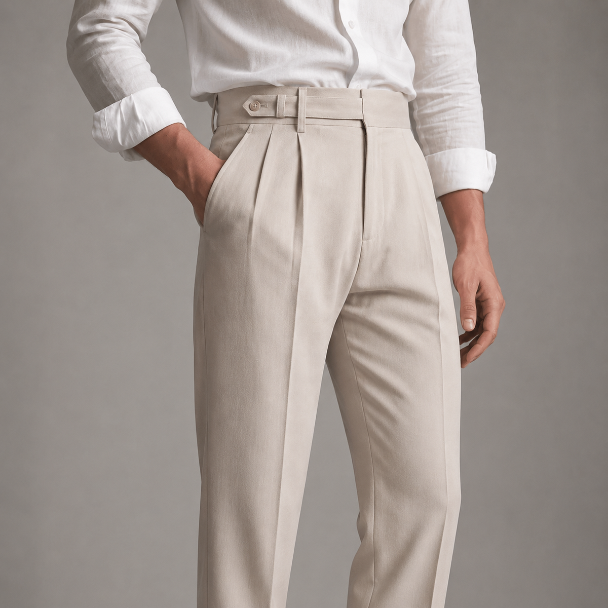 Men's tailored trousers with pleated front, buckle waist and straight full-length legs