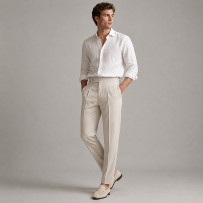 Men's tailored trousers with pleated front, buckle waist and straight full-length legs